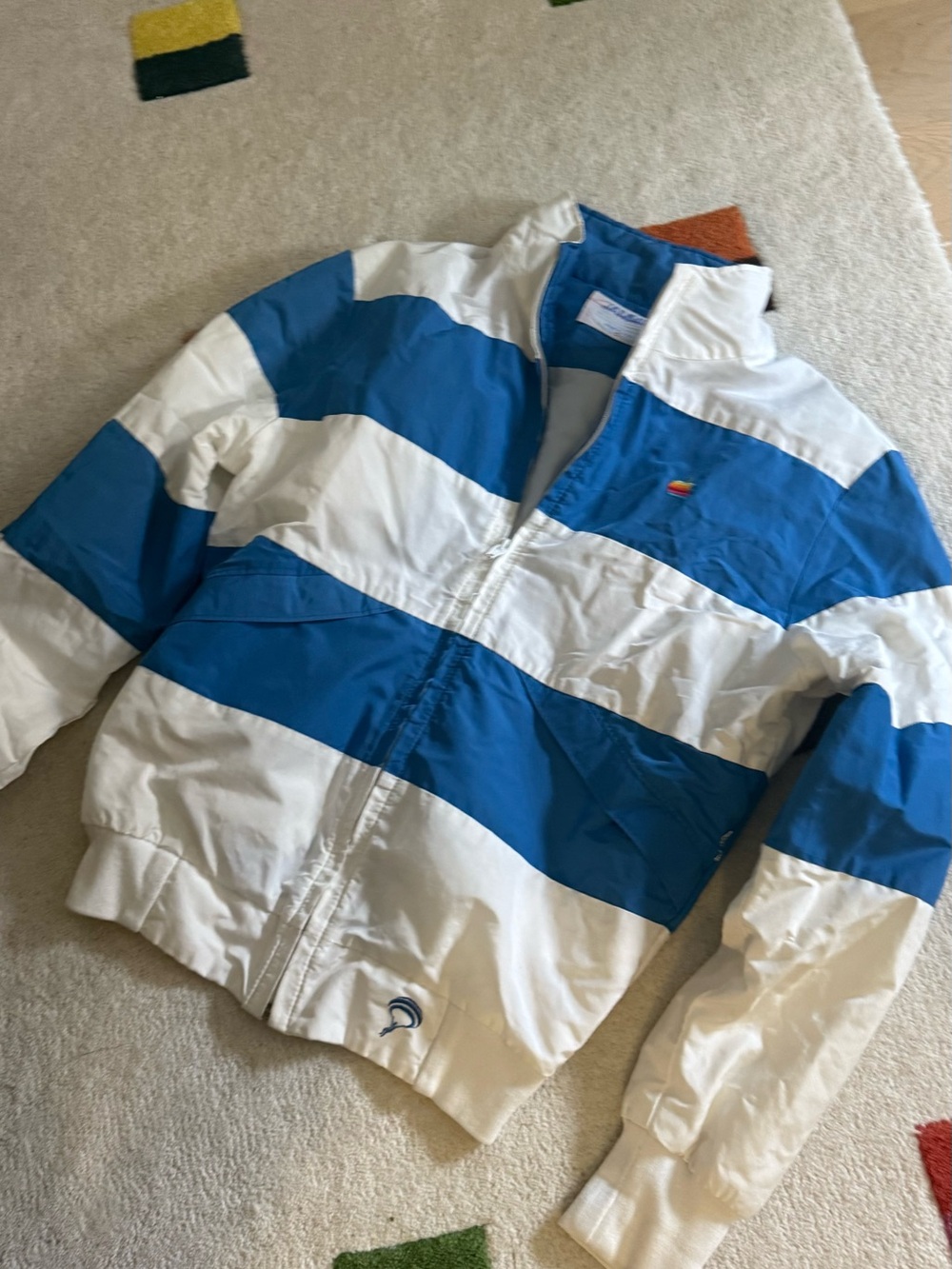 Rare vintage Blue & White Striped vintage Apple  logo Puffer Jacket with
